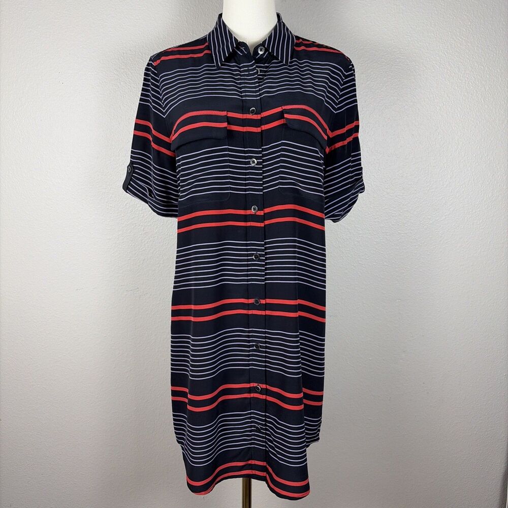 Equipment Femme Womens Silk Striped Short Sleeve Shirt Dress Small Navy Career